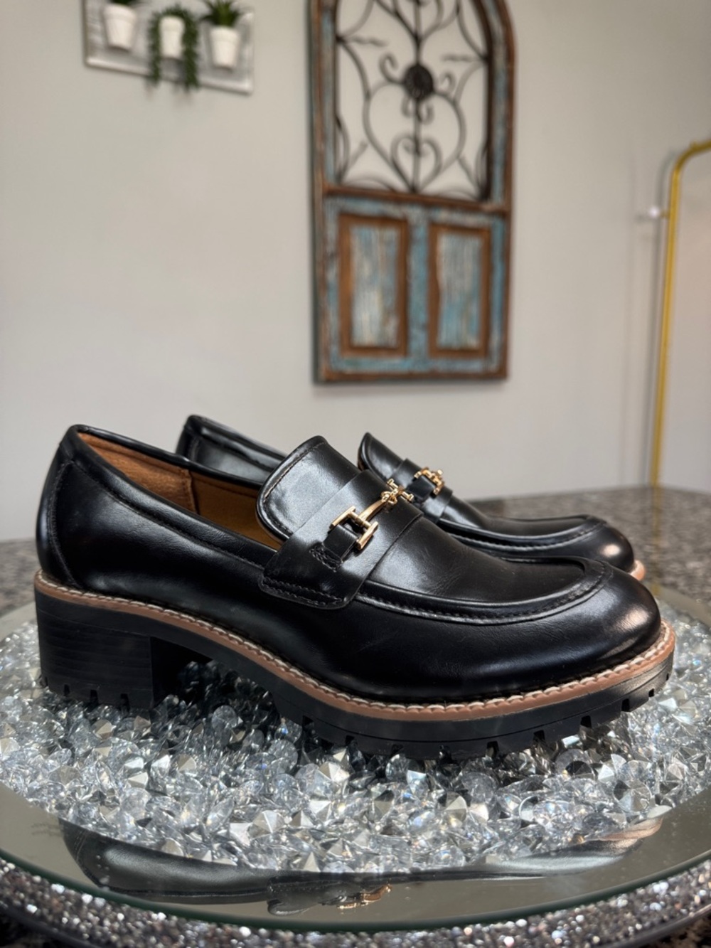 Dream Pairs Black Leather Lug Sole Loafers with Gold Hardware